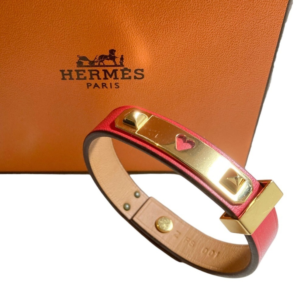 HERMES Red Leather Heart Charm Bracelet